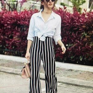 Who What Wear Women’s Black White Vertical Striped Wide Leg Pants Size 12 New